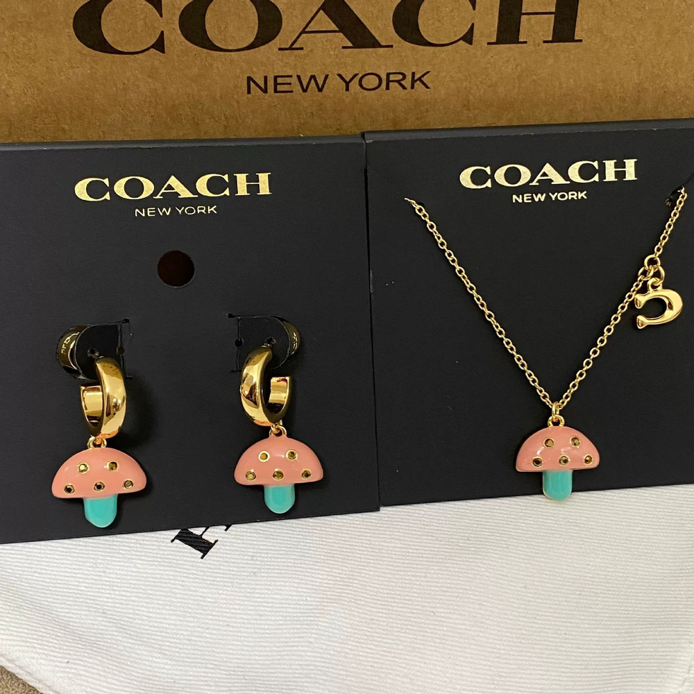 Coach Mushroom Pendant Choker Necklace Set Copper Gold Plated Earrings